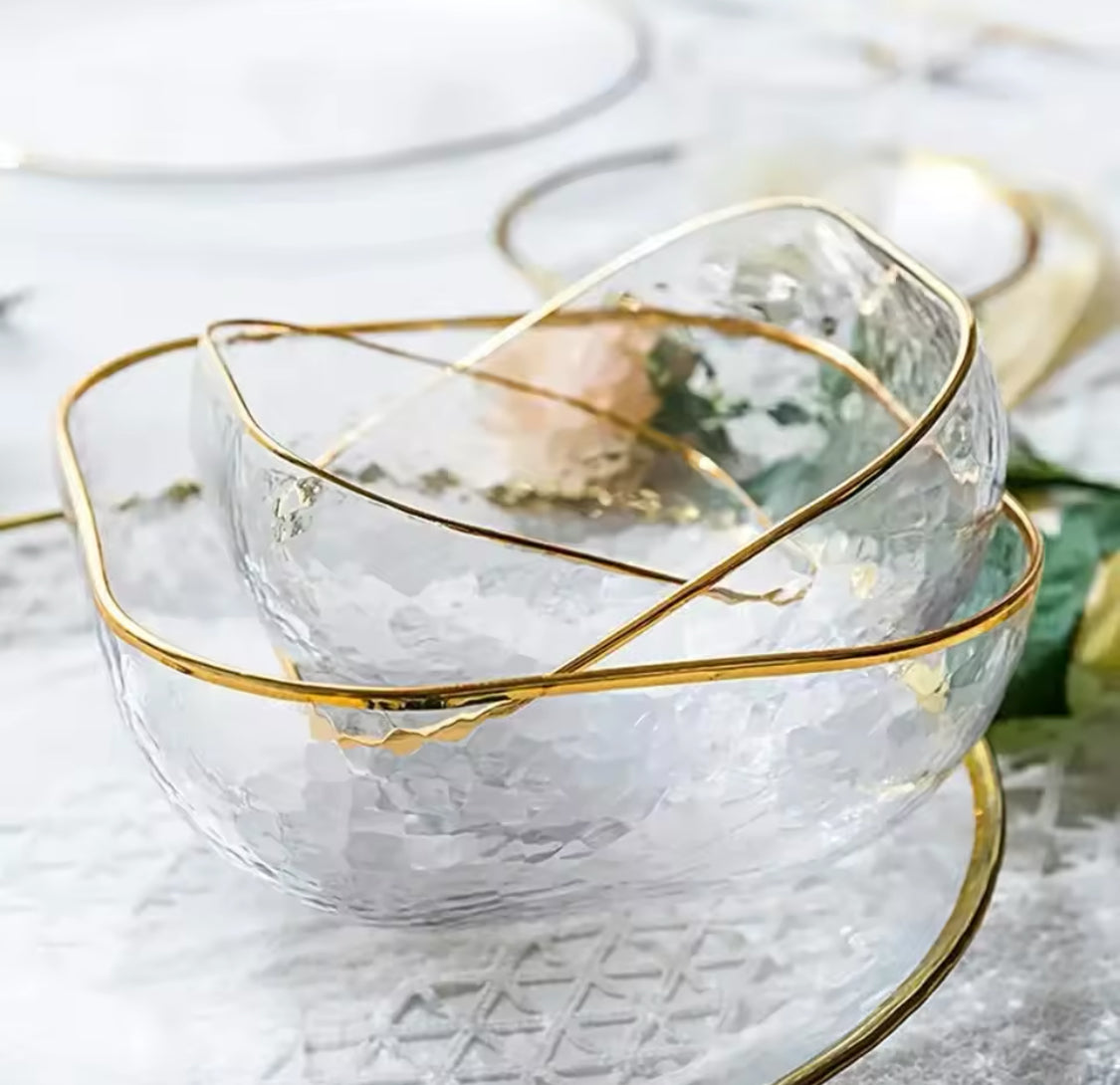 Nordic Golden Border Salad Bowl, Transparent Glass Fruit Plate, Dessert Round Square Bowl Nordic Golden Border Salad Bowl, Transparent Glass Fruit Plate, Dessert Round Square Bowl